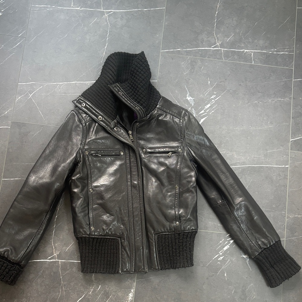Women’s Black Leather Jacket with Knit Collar and Cuffs